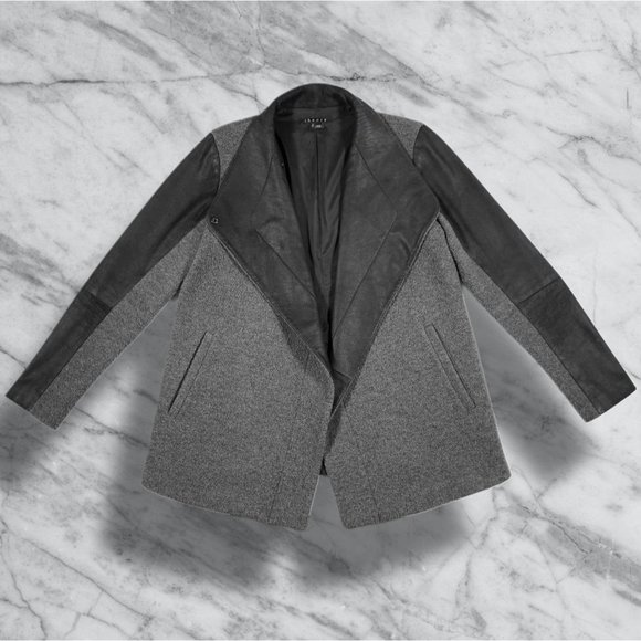Theory Naomo Charcoal Gray Leather Sleeve Virgin Wool and Cashmere Jacket sz M